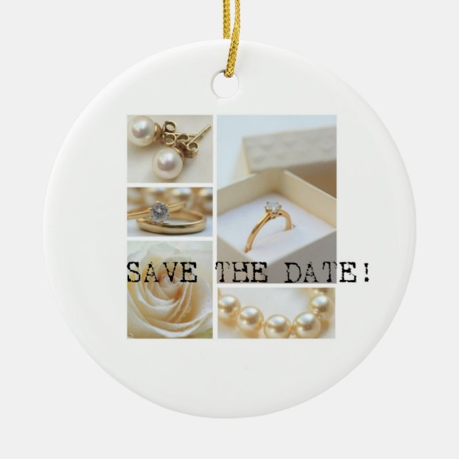 Save the Date White Wedding Collage Keramikornament (Vorne)
