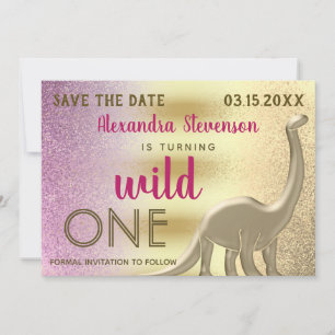 Save The Date Wild One Parties scintillant Rose & Gold Dinosaur 
