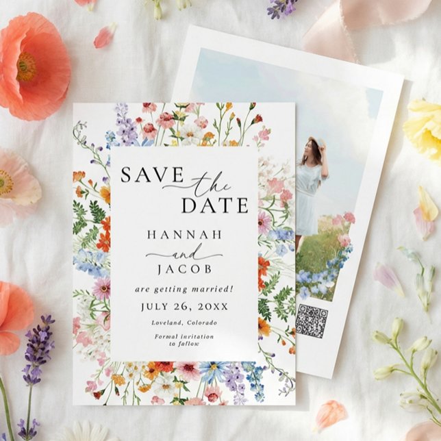 Save The Date Wildflower Elegant Floral Photo QR Code Wedding (Créateur téléchargé)