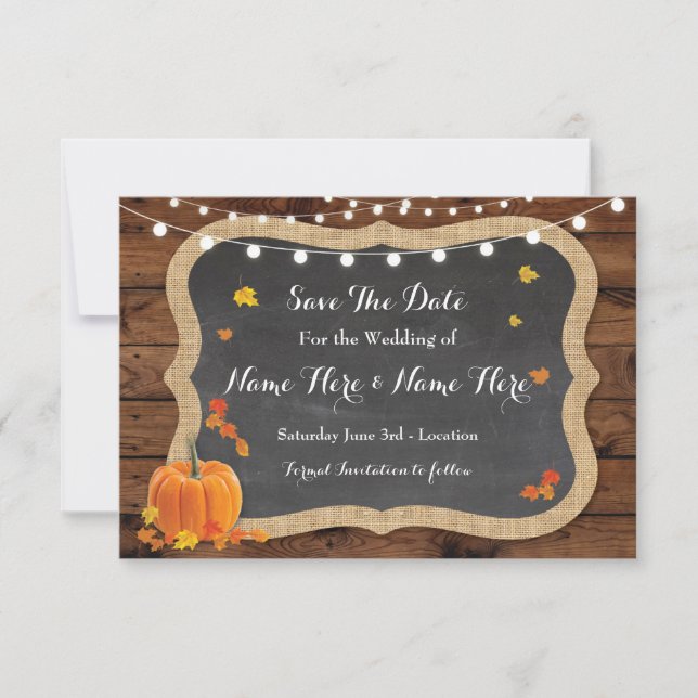 Save the Date Wood Pumpkin Hochzeit im Herbst Verl Einladung (Vorderseite)