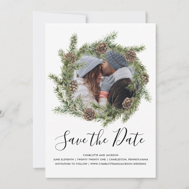 Save The Date Wreath Pine Cone | Photo Enregistrer la date (Devant)