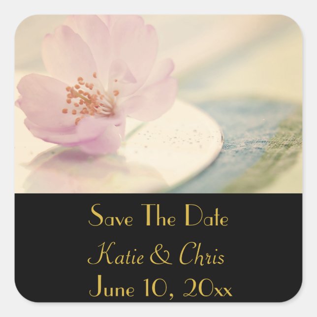 Save the Date zarte rosa Kirschblossom Blume Quadratischer Aufkleber (Vorderseite)
