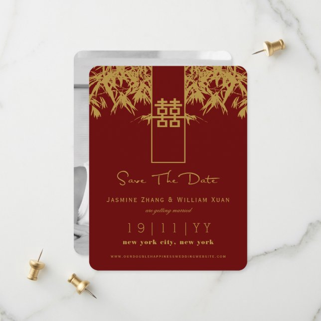 Save The Date Zen Bamboo Double Bonheur Chinois Sauver La Date (Devant/Arrière en situation)