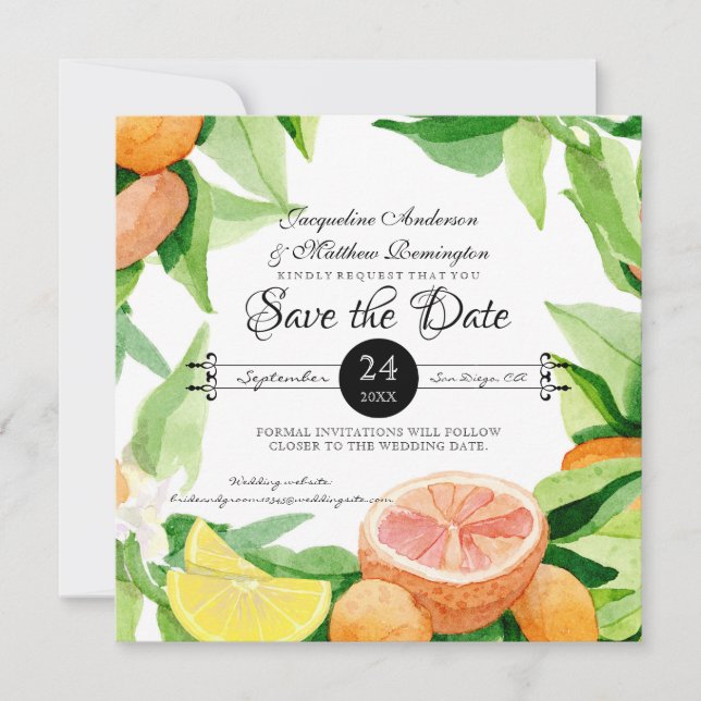 Save the Date Zitrusfrüchte Blätter Orangen in Zit (Vorderseite)
