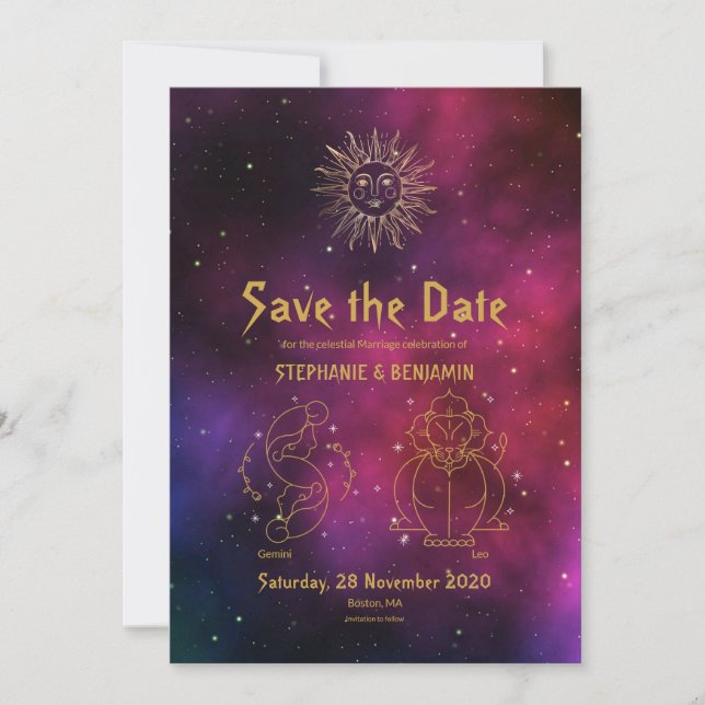 Save The Date Zodiac Bourgogne Gold Gemini/Leo céleste Moderne (Devant)