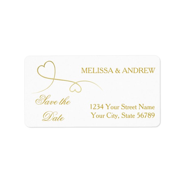 Save The Date | Zwei elegante Goldherzen Hochzeit Adressaufkleber (Vorne)