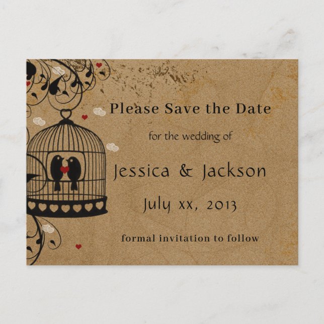 Save the Date zwei liebliche Vögel Birdcage Herz Ankündigungspostkarte (Vorderseite)