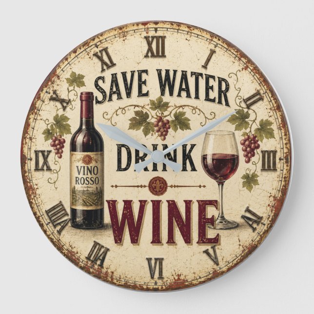 Save Water Drink Wine Große Wanduhr (Vorderseite)