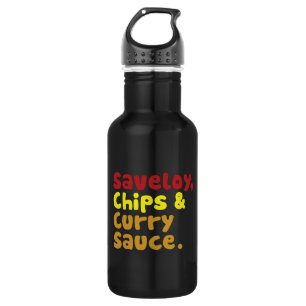 Saveloy, Chips & Curry Sauce. Edelstahlflasche