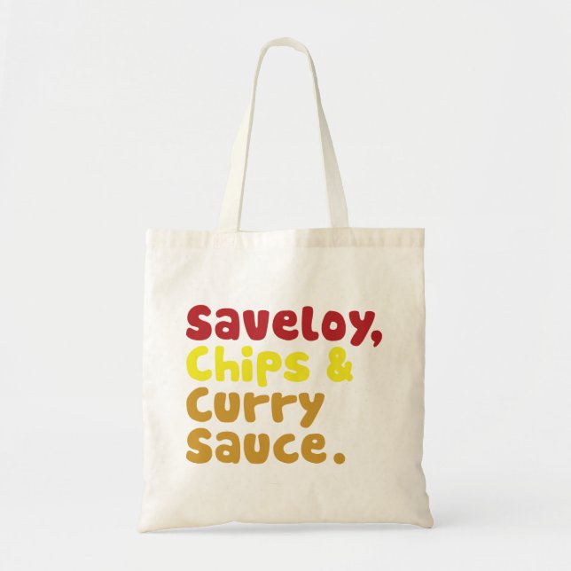 Saveloy, Chips & Curry Sauce. Tragetasche (Vorne)