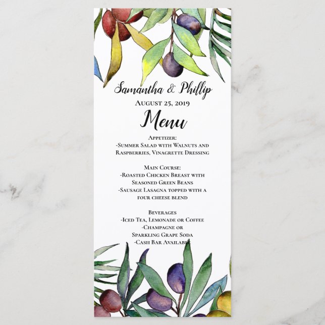 Savory Olives Toskanisches Hochzeitmenü Menükarte (Vorderseite)
