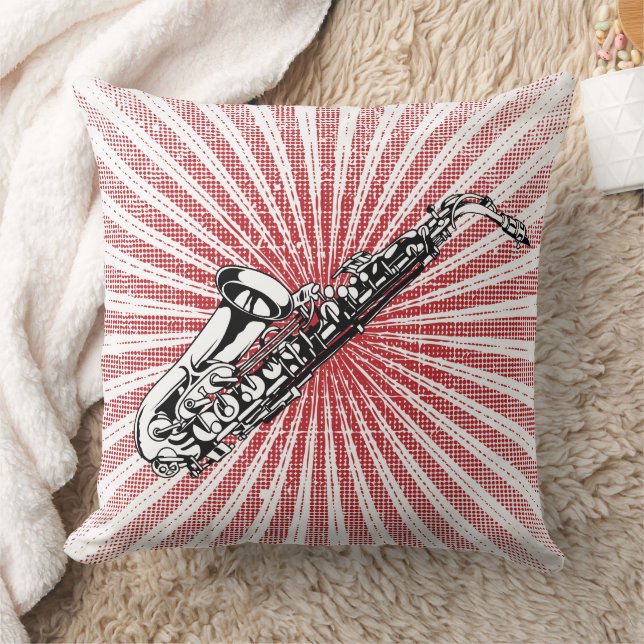 Saxophon auf Grunge Red Sunburst Kissen (Decke)