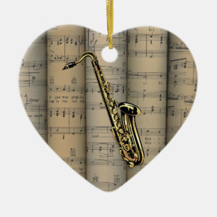 Saxophon-~ gerollte Notenen-Hintergrund ~ Musik Keramik Ornament