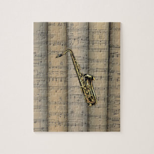 Saxophon ~ Gerollter Notenblatt-Hintergrund ~ Musi