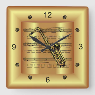 Saxophon ~ Kurveste Noten ~ Gold Background ~ Quadratische Wanduhr