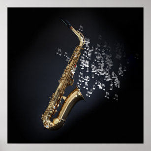 Saxophon mit musikalischen Noten aus der Glocke Poster