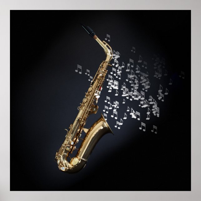 Saxophon mit musikalischen Noten aus der Glocke Poster (Vorne)