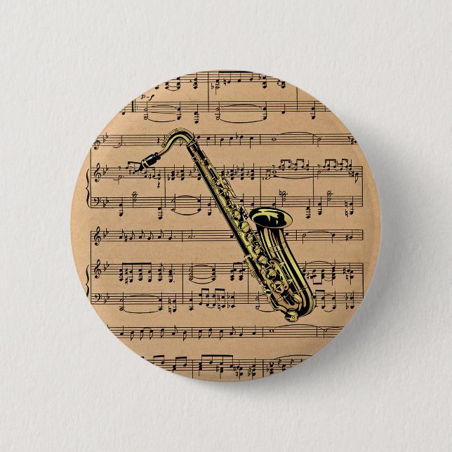 Saxophon ~ mit Notenen-Hintergrund Button (Vorderseite)
