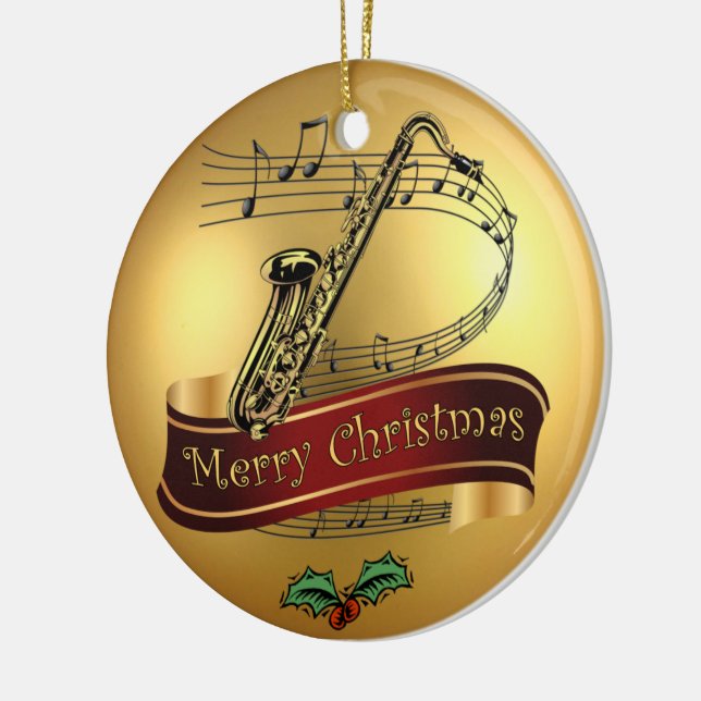 Saxophon ~Musical Scroll~Gold "frohe Weihnachten" Keramik Ornament (Links)