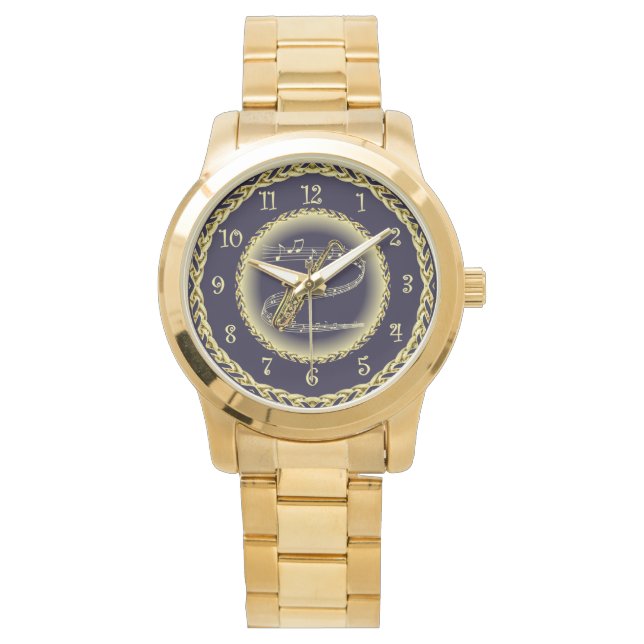 Saxophon ~ Musikalische Scroll ~ Gold/Navy Blue ~ Armbanduhr (Vorderseite)