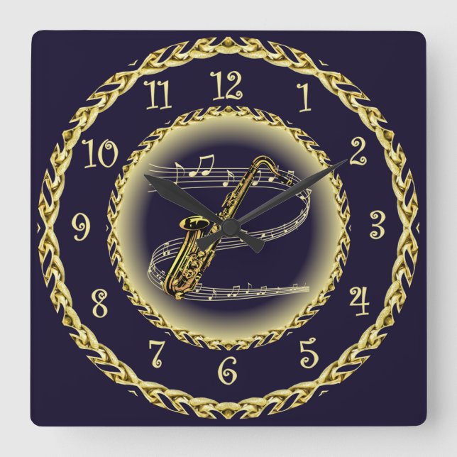 Saxophon ~ Musikalische Scroll ~ Gold/Navy Blue ~ Quadratische Wanduhr (Vorderseite)