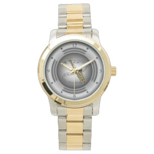 Saxophon ~ Musikalische Scroll ~ Silberner Lautspr Armbanduhr