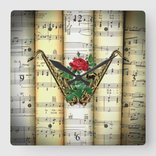 Saxophon & Rose ~ Blatt Musik ~ Quadratische Wanduhr