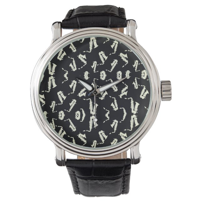 Saxophon Schwarzweiß-Muster Armbanduhr (Vorderseite)