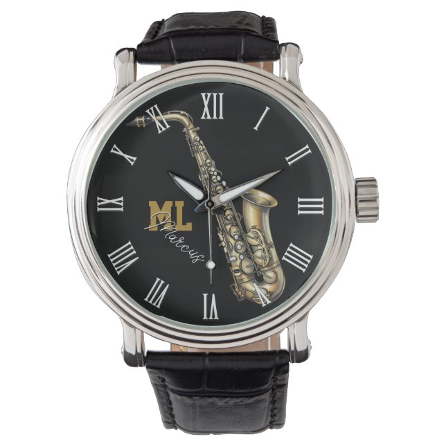 Saxophon Uhr, Monogramm, Name, Musik Armbanduhr (Vorderseite)