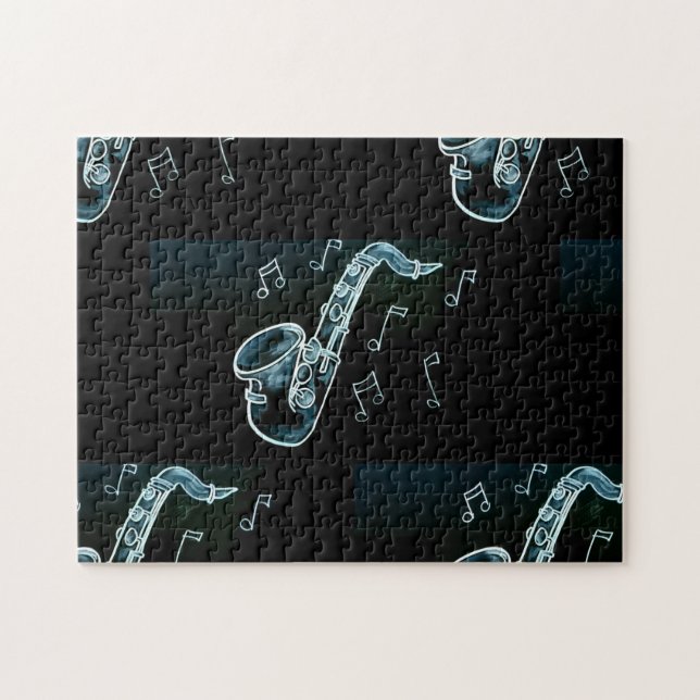 Saxophon und Musiknoten (Horizontal)