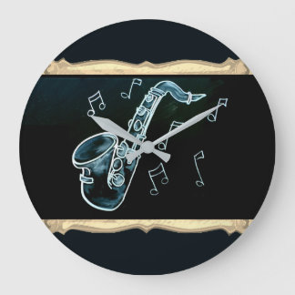 Saxophon und Musiknoten Große Wanduhr
