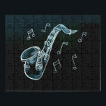Saxophon und Musiknoten Puzzle<br><div class="desc">ein modernes, blauer und schwarzer Freier Stil, der in Weiß eines Saxophons mit Musiknoten zeichne. Musikinstrument in Schwarz und Blues.</div>