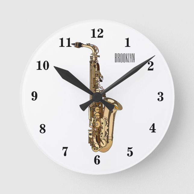 Saxophone Cartoon Illustration Runde Wanduhr (Vorderseite)