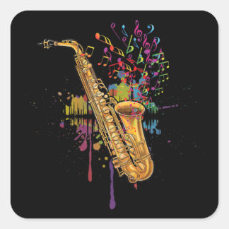 Saxophone farbige Musiknoten für Saxophonist Quadratischer Aufkleber