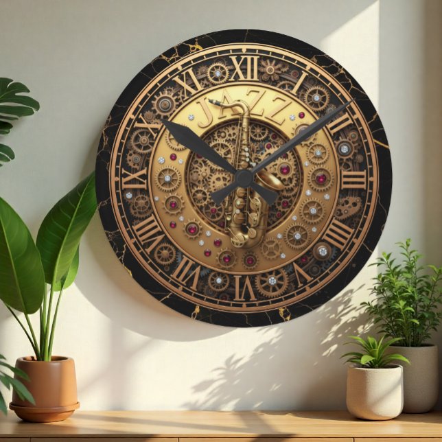 Saxophone, horloge jazz, marbre Steampunk industri (Saxophone, Jazz Wall Clock with industrial motive)