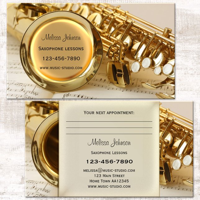 Saxophone Leçons Carte de visite de rendez-vous (Saxophone music teacher appointment business card featuring a saxophone in gold)