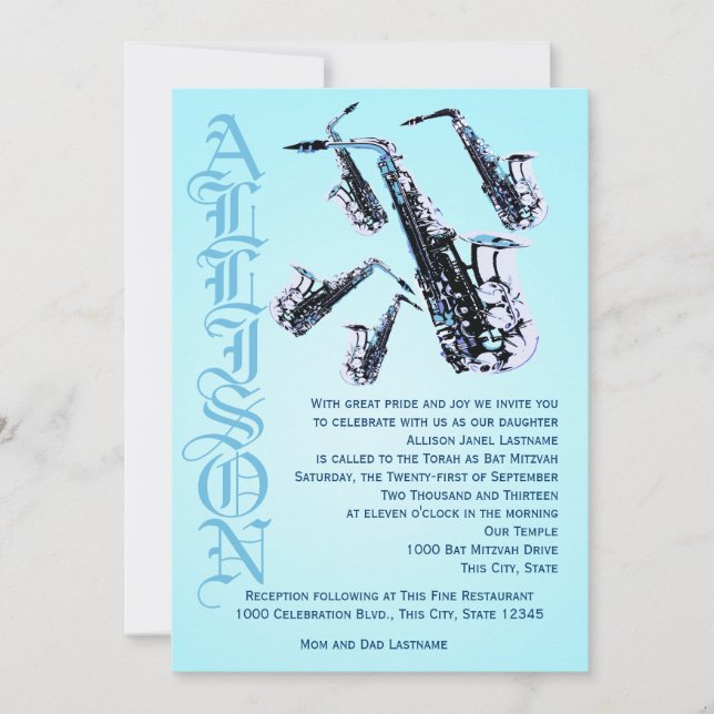 Saxophone Music Bat Mitzvah Einladung (Vorderseite)