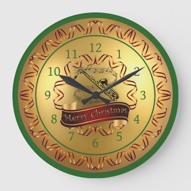 Saxophone: Musical Scroll: Merry Christmas Große Wanduhr (Vorderseite)
