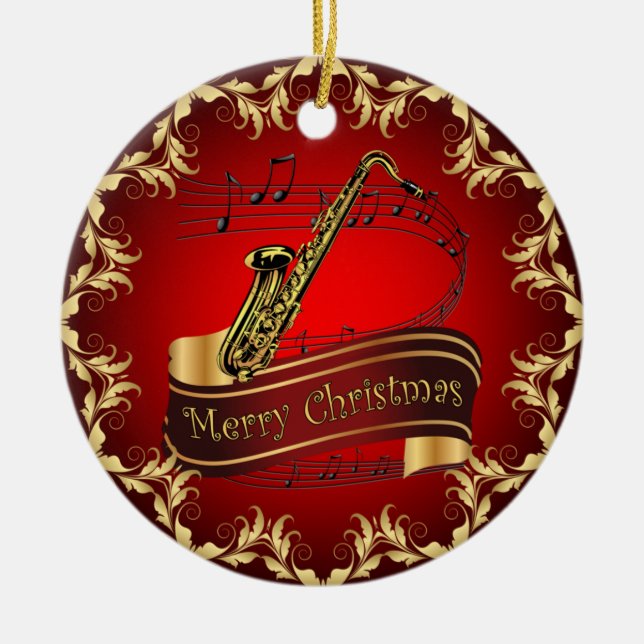 Saxophone ~ Musikalische Scroll ~ Frohe Weihnachte Keramik Ornament (Vorne)