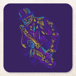 Saxophone Player Abstrakt Neon Zeichnend Rechteckiger Pappuntersetzer