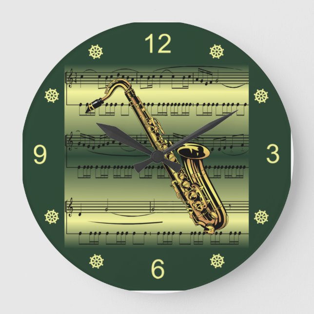 Saxophone~Rolled Sheet Music~Gold/Green Background Große Wanduhr (Vorderseite)