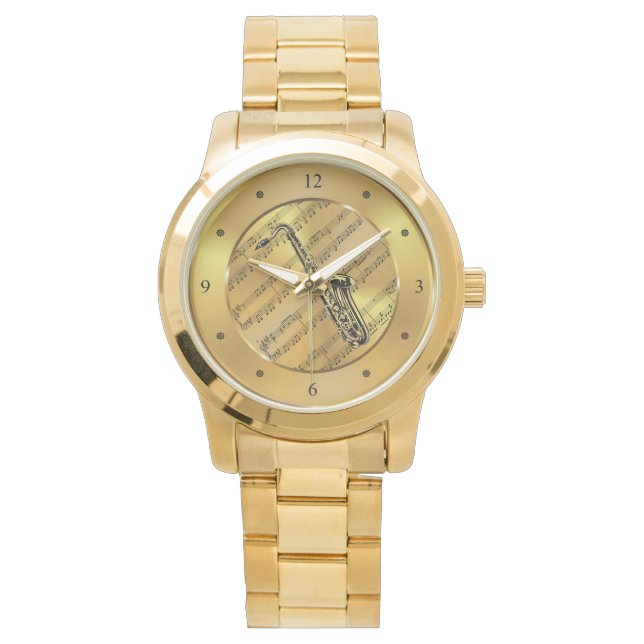 Saxophone ~ Sheet Music ~ Gold Background ~ Einzig Armbanduhr (Vorderseite)