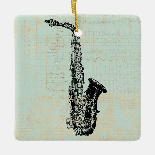 Saxophone Vintage Grüne Musik Kunst Keramikornament (Vorderseite)