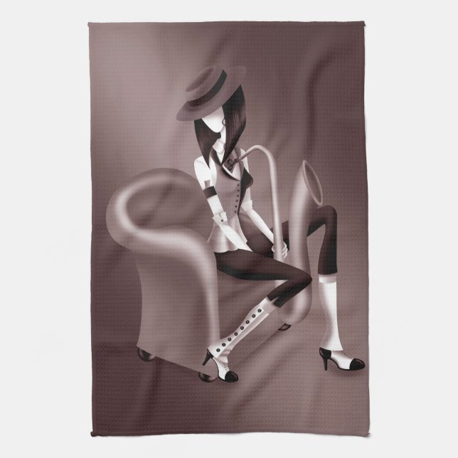 Saxophoniste dame - Serviette de thé inspirée du j (Vertical)