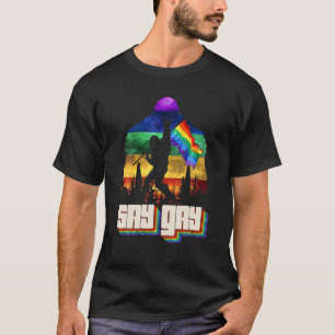 Say Gay Bigfoot Rock and Roll Gay Pride LGBT Flag T-Shirt