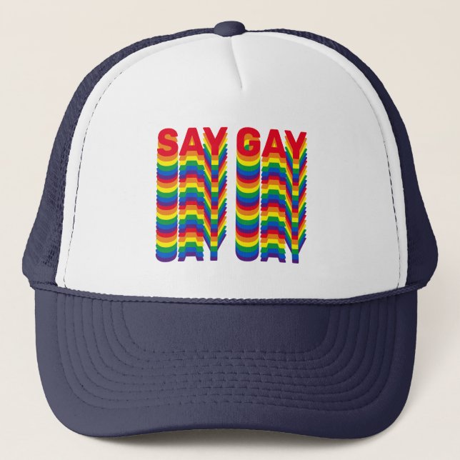 Say Gay Regenbogen lgbtq Stolperflagge Retromuster Truckerkappe (Vorderseite)