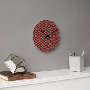 Sayagata Muster, Japanisch, Burgund und Gold Runde Wanduhr