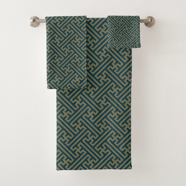 Sayagata Muster, Japanisch, Gold und Navy Blue Badhandtuch Set (Insitu)