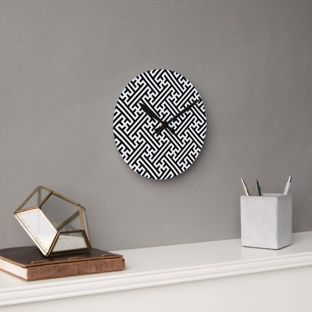 Sayagata-Muster, Japanisch, Schwarz und Weiß Runde Wanduhr (Büro)
