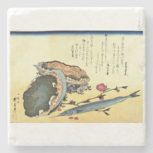 Sayori & Awabi (Halfbeak, Abalone) Hiroshige Fisch Steinuntersetzer
